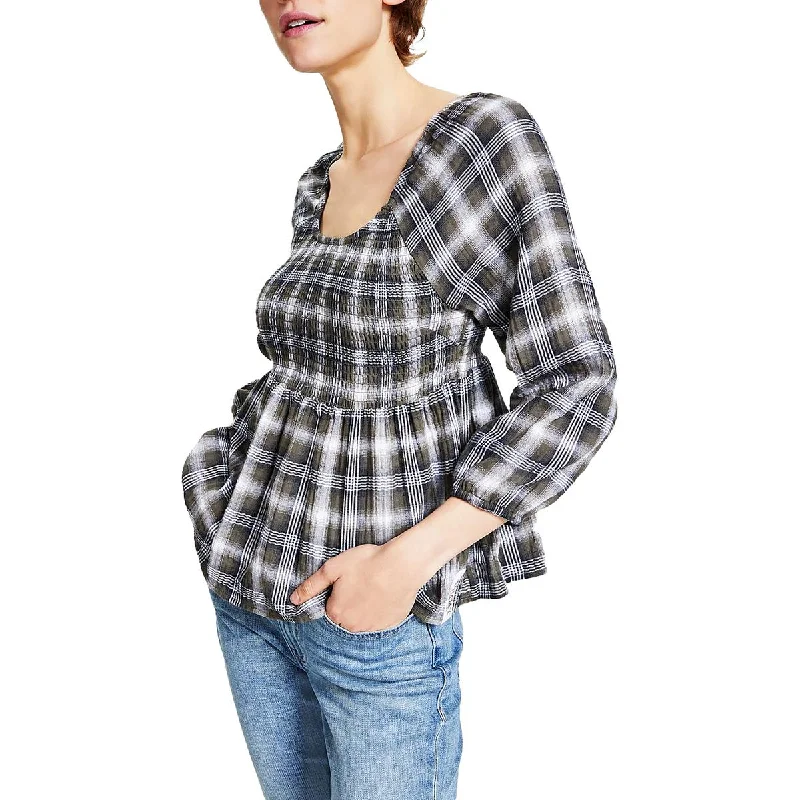 Tommy Jeans Womens Plaid Smocked Peplum Top