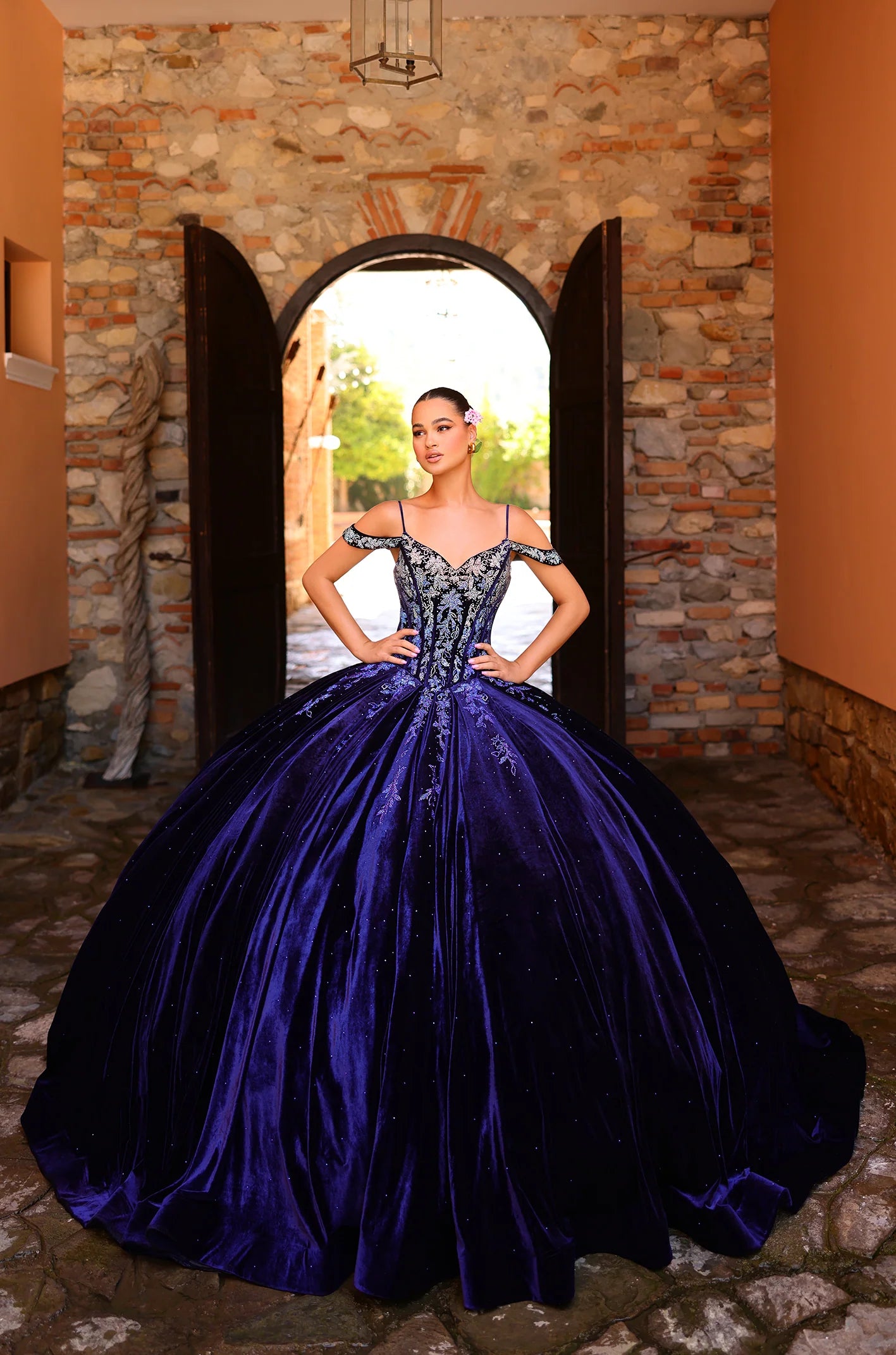 Amarra 54316 Velvet quinceanera Dress Crystal Corset Ball Gown off the shoulder Party Dresses