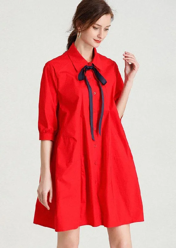 French Red elegant slim fit Summer Cotton Half Sleeve Party Dress