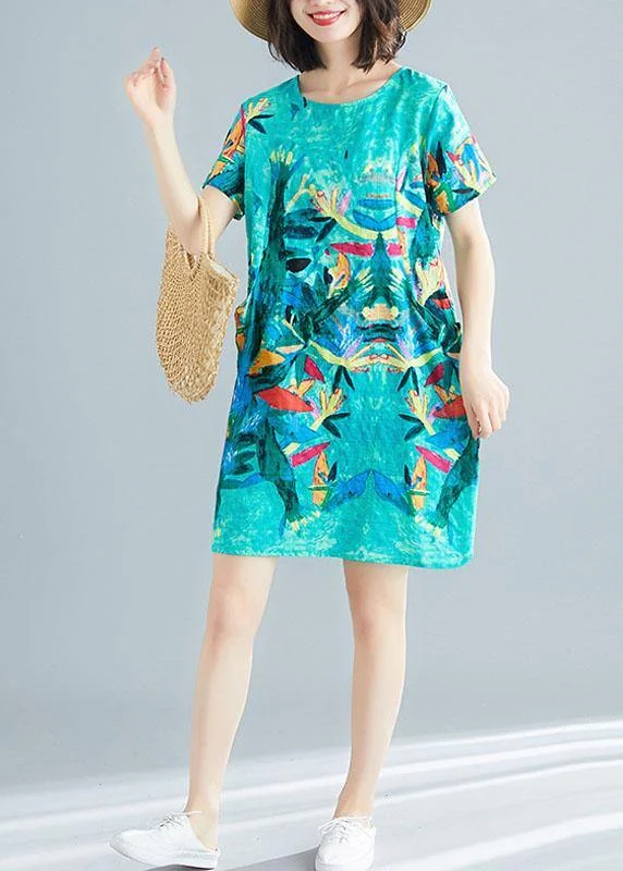 Green Print O-Neck Pockets Summer Short Sleeve Party Dresses