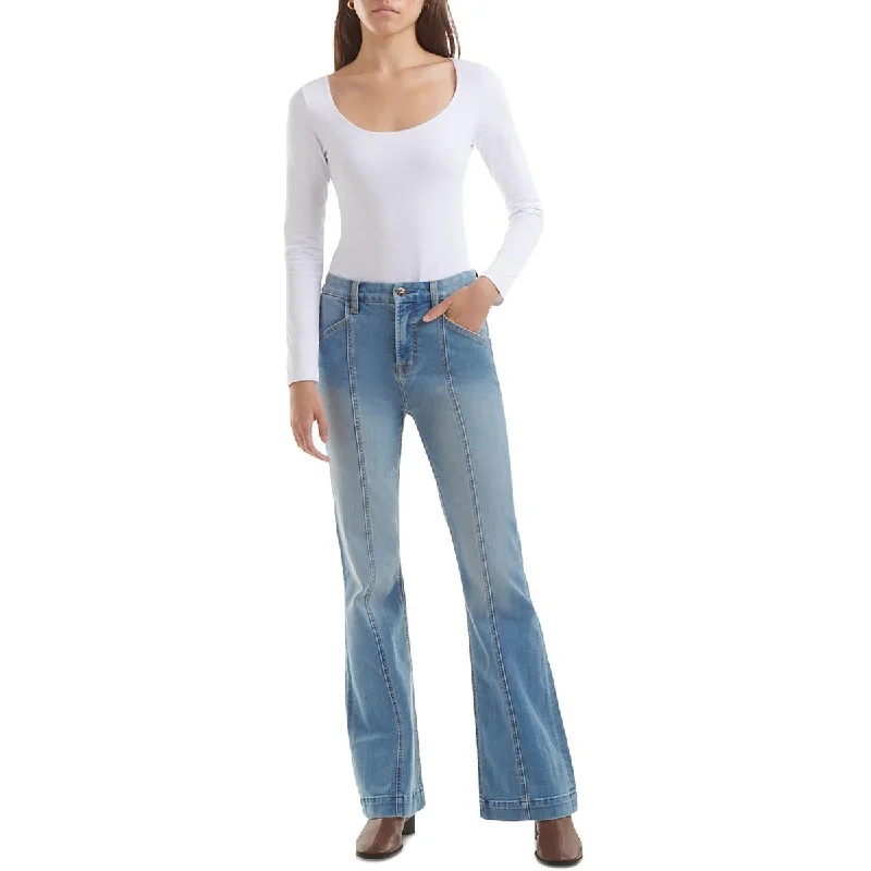 Jen7 Womens High Rise Pintuck Flared Jeans