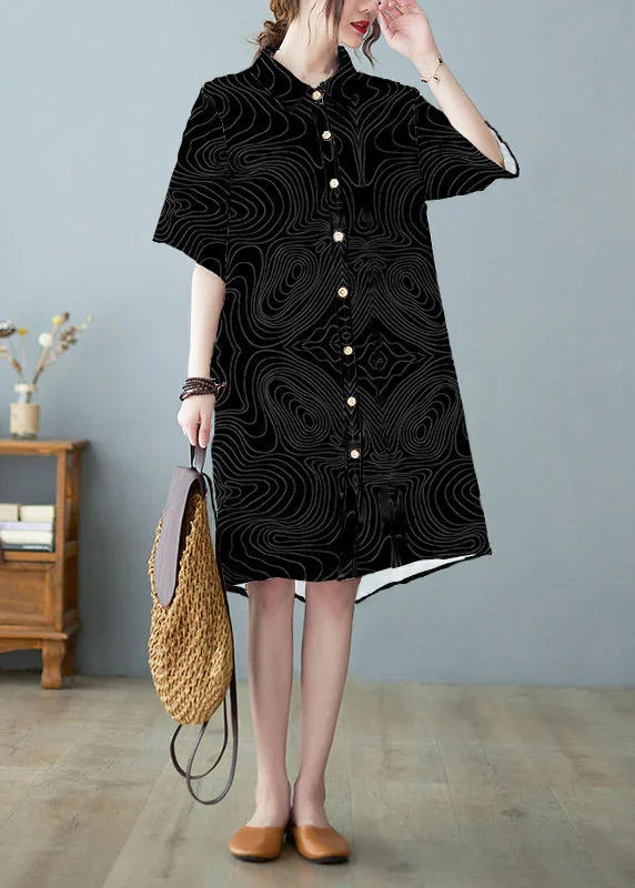 Modern Black Button Stand Collar Floral Print Party Dress Half Sleeve