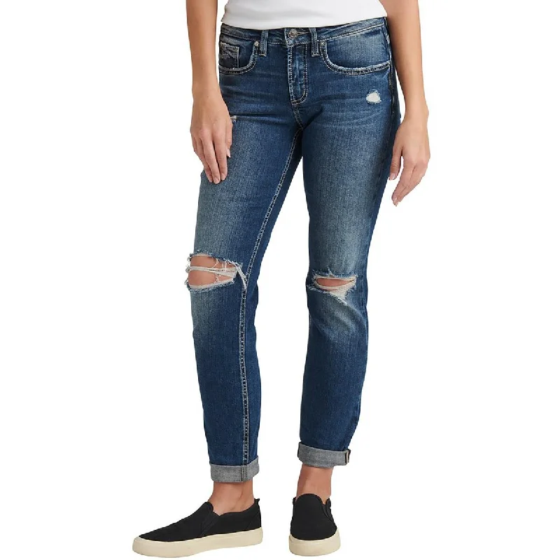 Silver Jeans Womens Mid-Rise Destroyed Boyfriend Jeans