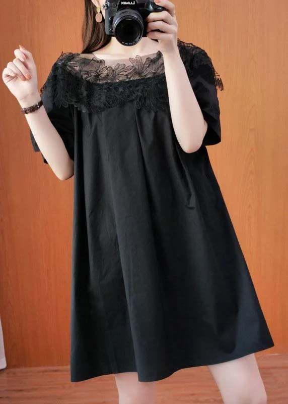 Simple Black O-Neck Patchwork Summer Tulle Party Dresses Short Sleeve