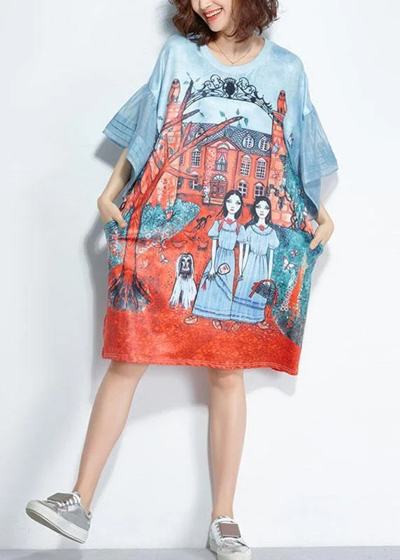 Unique Blue O-Neck Pockets Print Summer Flare Sleeve Party Dress