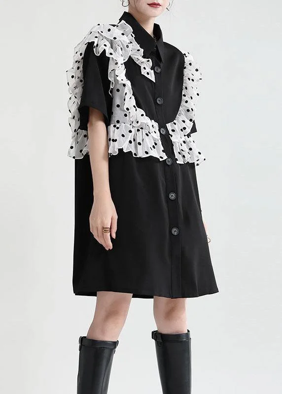 Women Black Ruffles Patchwork Summer Button Party Dress Short Sleeve