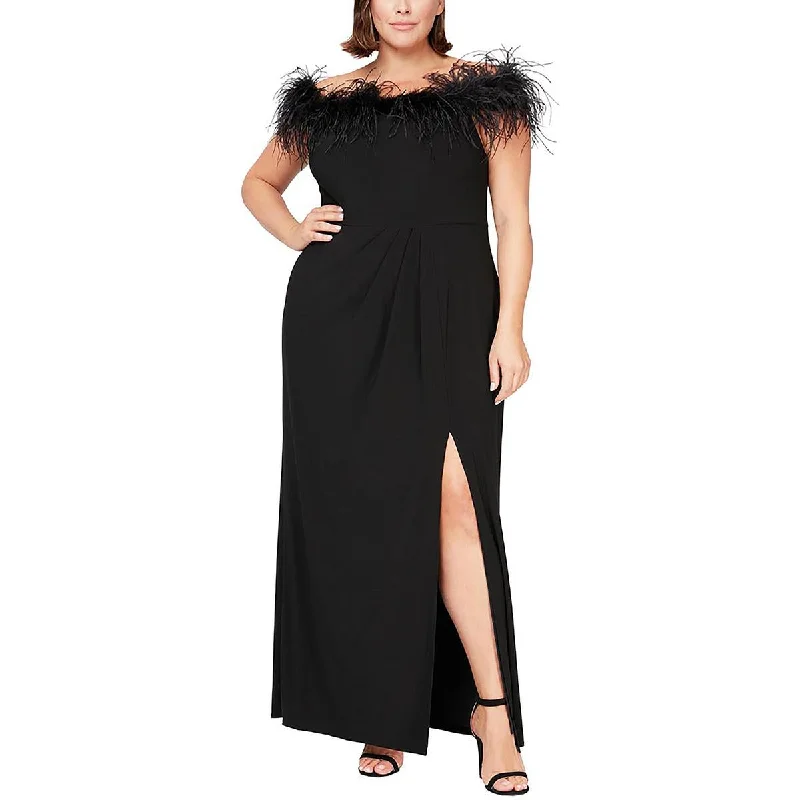 Alex Evenings Womens Plus Off-The-Shoulder Feather Evening Dress