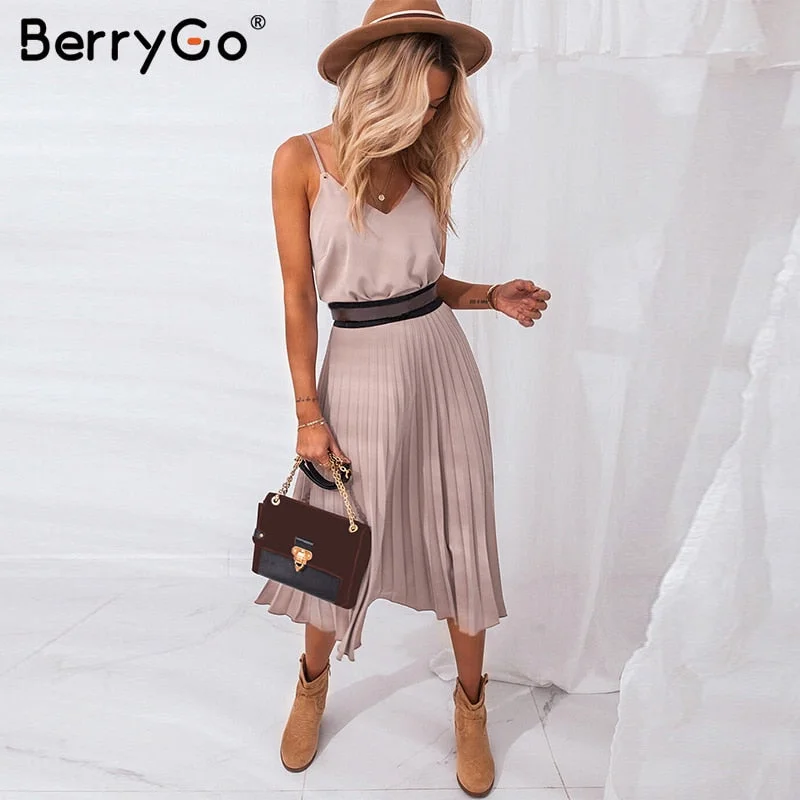 BerryGo Sexy spaghetti strap summer dress women A-line hot pink female pleated midi dress Casual office ladies party dresses