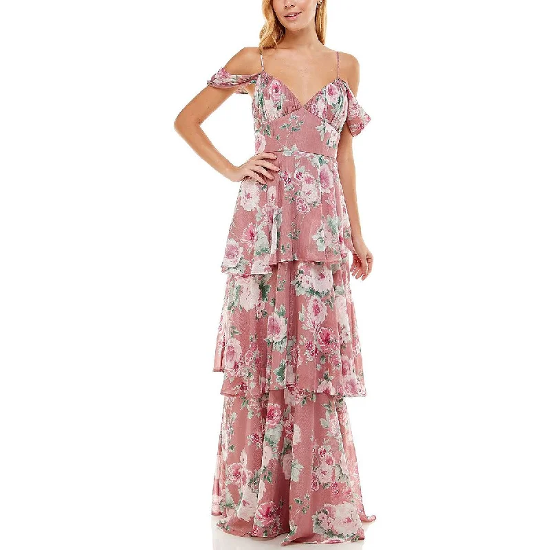 Crystal Doll Womens Juniors Floral Chiffon Evening Dress