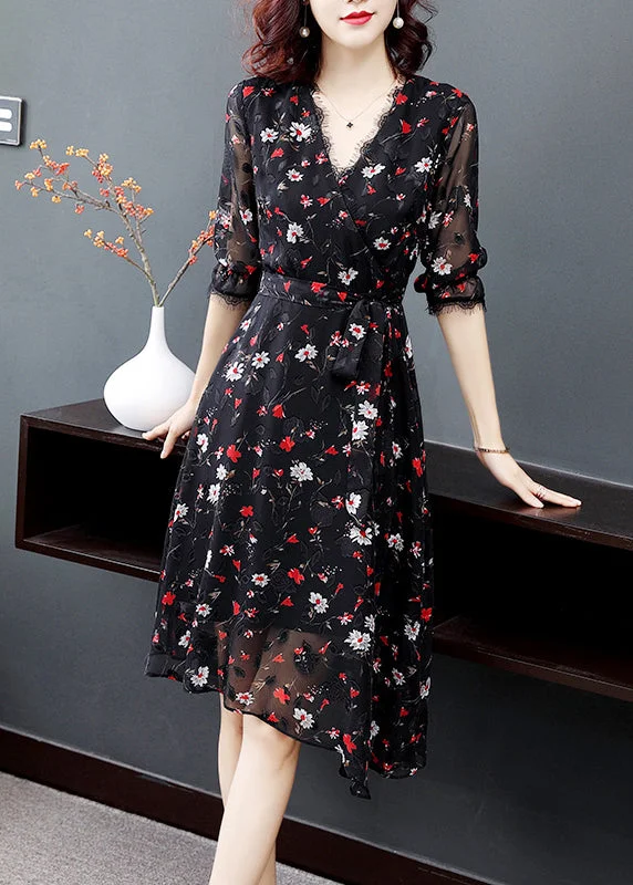 Elegant Black V Neck tie waist Print Chiffon Party Dress Half Sleeve