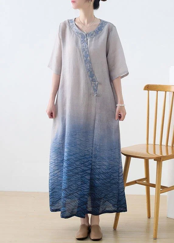 Elegant Blue Embroideried Linen Dress Gradient color Summer Party Dress