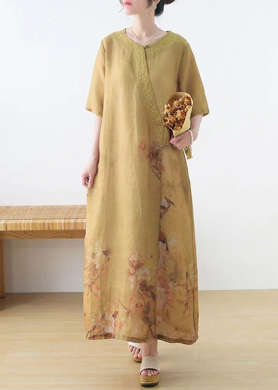 Fashion Yellow Print Oriental Party Dress Summer Linen Dress