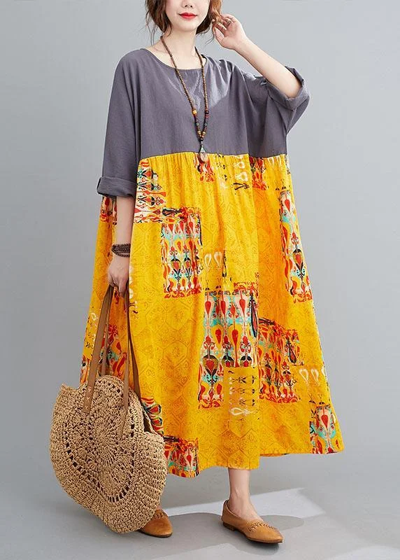 Grey Patchwork Yellow Print O-Neck Pockets Summer Party Dresses