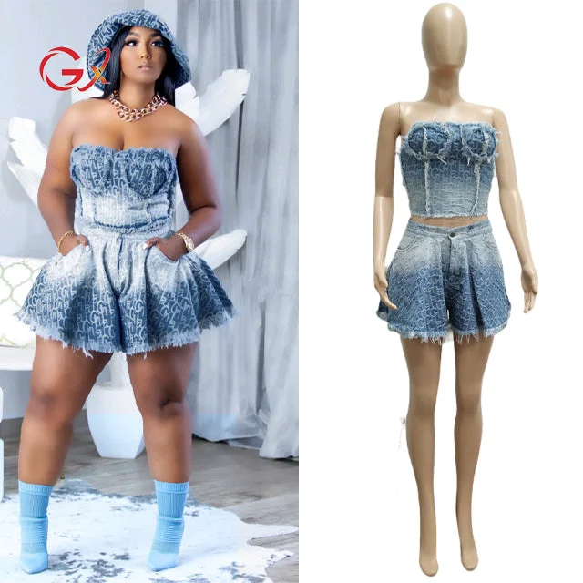 GX5071 Fashion unique ladies jeans wear tube top and denim shorts matching set 2 piece summer 2023 women clothing