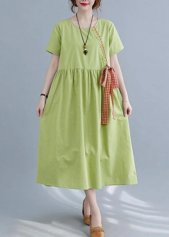 Handmade Green Loose Cotton Linen Summer Party Dress