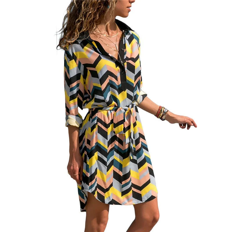 new Autumn 2019 Sleeve Women Dresses Fashion Striped Tunic Bandage Bodycon Beach Party Dress Summer Ladies Office Shirt Dress