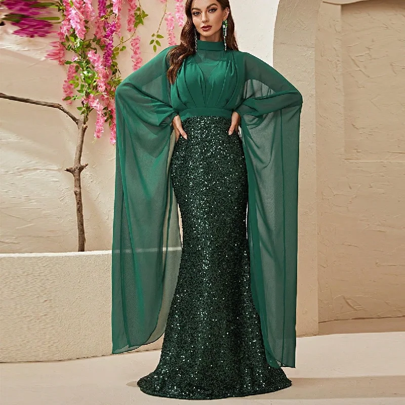 NiDELL Cross-Border High-End Dress Turtleneck Grenadine Sequined Super Long Sleeve Prom Evening Dress Fishtail Dress-MGT530-1