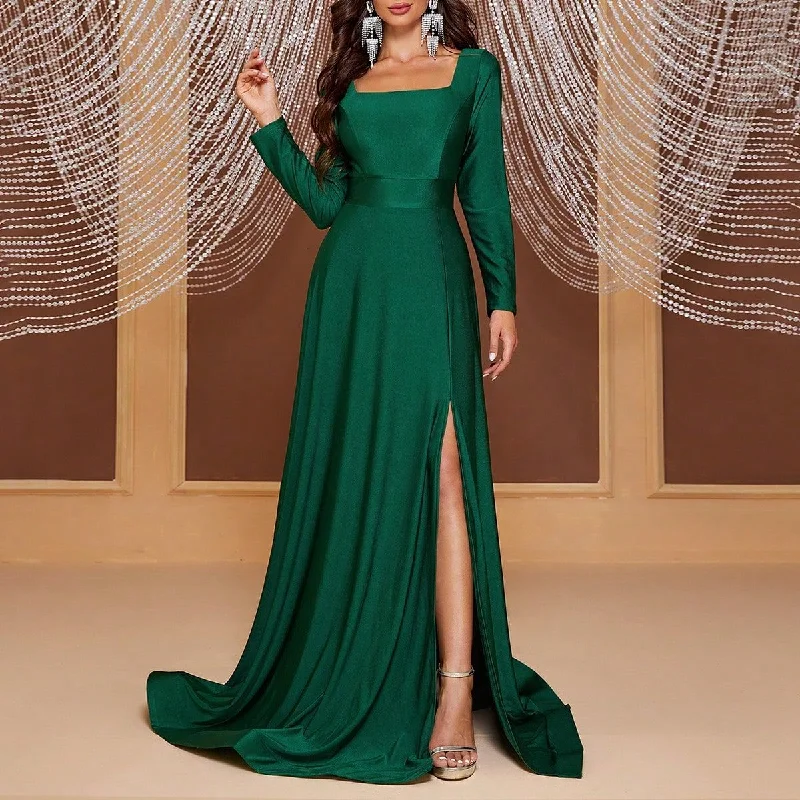 NiDELL Cross-Border Hot Sale Popular Evening Party Dress Long Sleeve Square-Neck Dress Long Elegant Drop-down Dress-Ss395