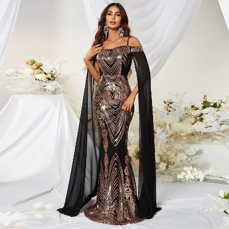 NiDELL European and American New Dress Sequin off-the-Shoulder Sling Ball Evening Dress Waist Hip-Wrapped Fishtail Dress-Sst2006