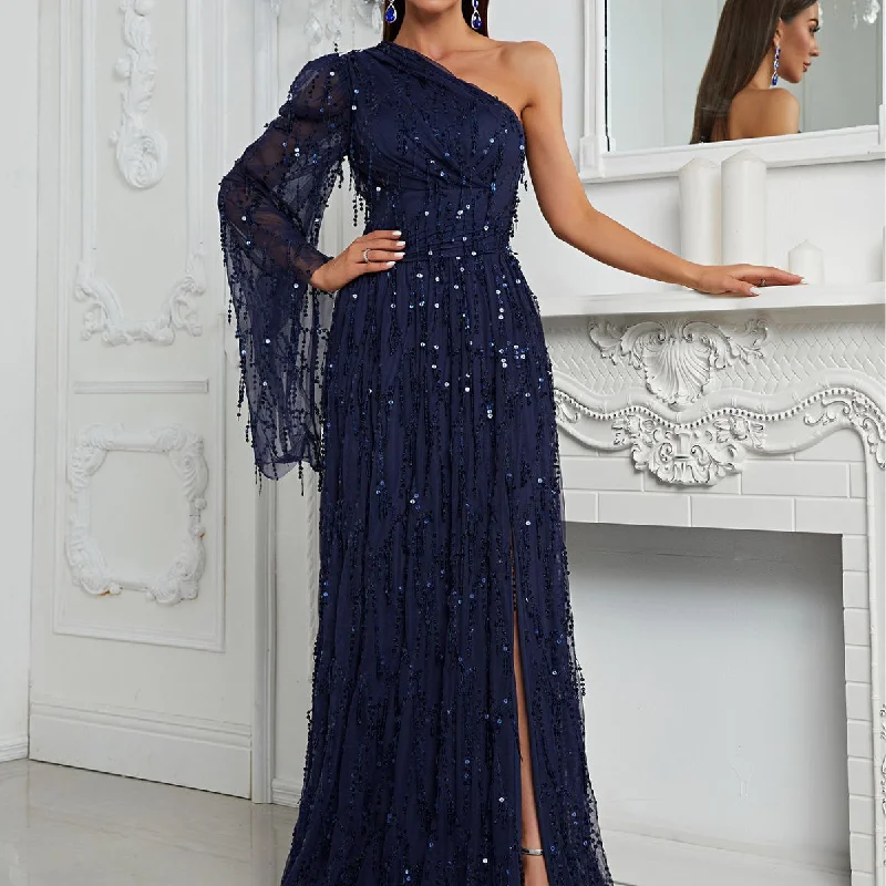 NiDELL European and American New Sequin Dress Oblique Shoulder One-Sleeve Banquet Evening Dress Slit Elegant Dress-Ssl6147