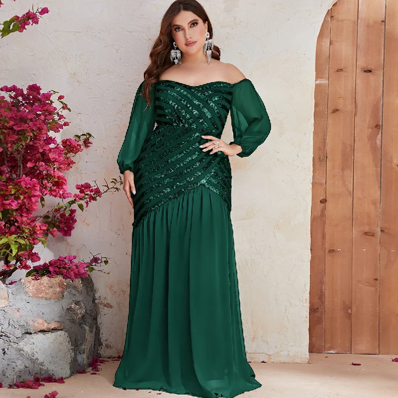 NiDELL European and American plus Size Party Dress Sequined off Shoulder Fishtail Dress Premium Elegant Evening Dress-FMGN517-1