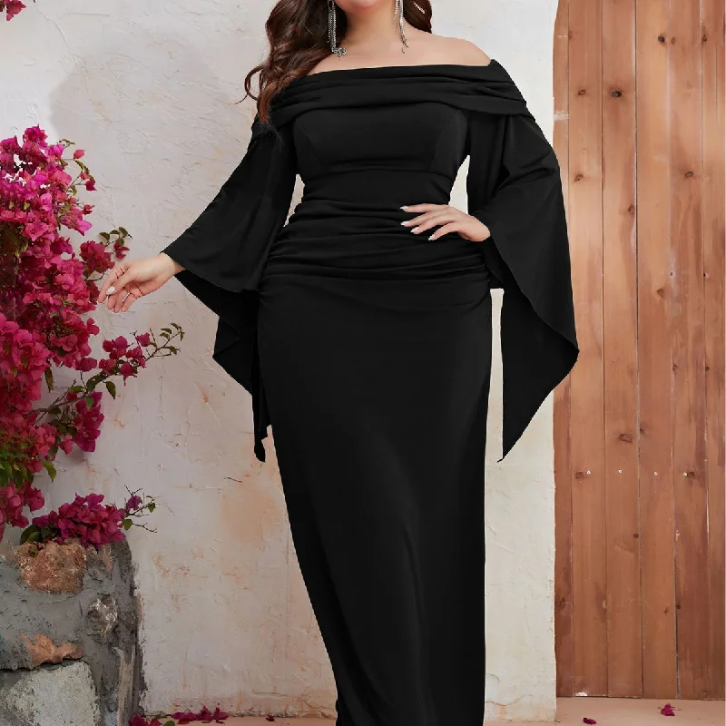 NiDELL European and American Solid Color plus Size Evening Dress off-Shoulder Long Sleeve Party Evening Dress Fishtail Dress-FMGX572-2