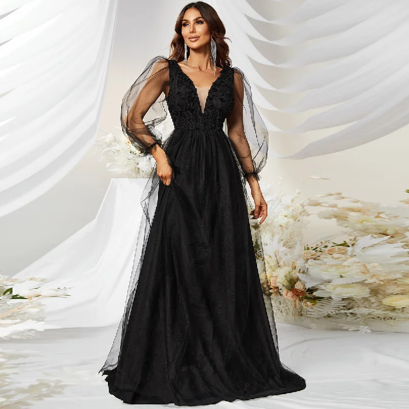 NiDELL European and American Style Formal Dress Deep V-neck Long Sleeve Banquet Evening Dress Daily Style Black Dress Gauze Dress-Ssw3038