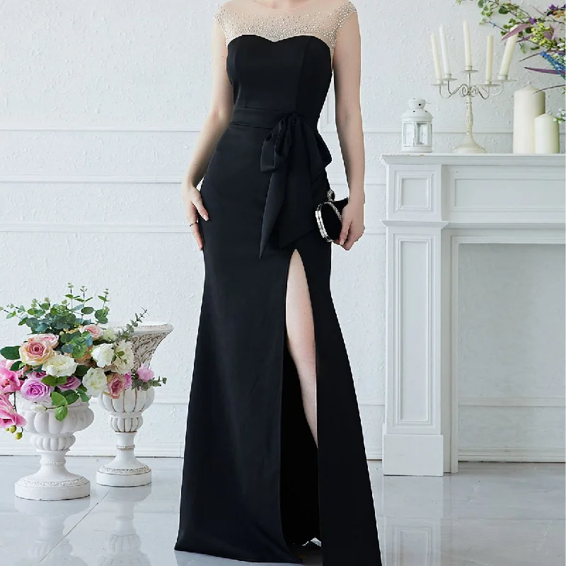 NiDELL Hepburn Style Evening Dress Rhinestone Stitching Sleeveless Prom Party Dress Fishtail Dress Slit Maxi Dress-Mgn018