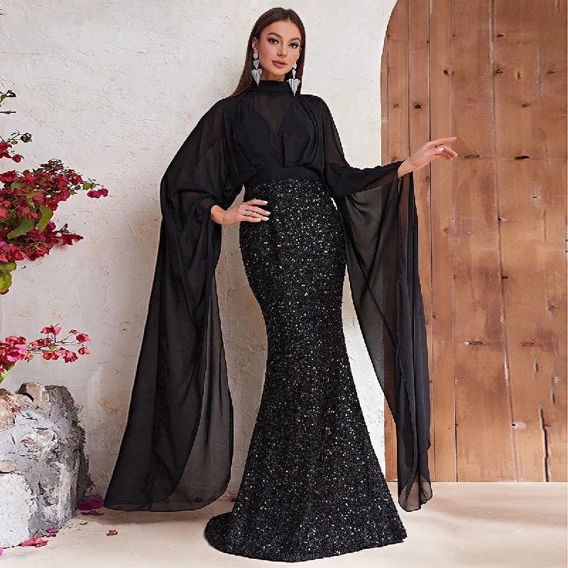 NiDELL Hot Cross-Border Party Dress Turtleneck Grenadine Sequined Prom Evening Dress Fishtail Dress Middle East-Mgt530