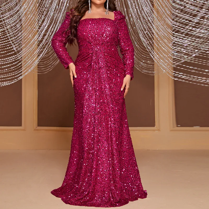 NiDELL Hot Sale plus Size Light Luxury Evening Dress Sequined Square Collar Long Sleeve Prom Party Dress Fishtail Dress-Fmgw447