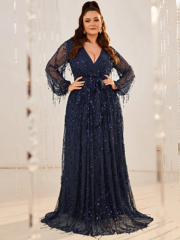 NiDELL Large Size Navy Blue Dress Simple V-neck Tassel Sequin Lace-up Long Party Dress-Fp097