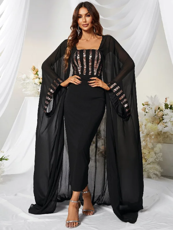 NiDELL Middle East High-Pin Chiffon Sequin Batwing Sleeve Prom Evening Dress plus Cloak-Ssw3044