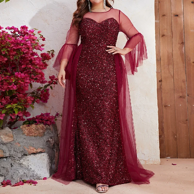 NiDELL Middle East High-Pin plus Size Dress Sequin Stitching Mesh Prom Evening Dress Fishtail Elegant Dress-FPS263-1