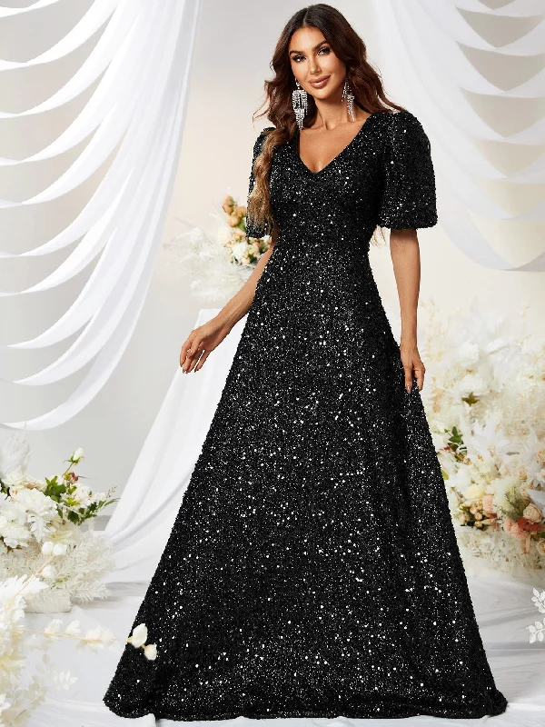 NiDELL New Black Evening Dress Elegant Sequined V-neck Short Sleeve Party Evening Dress Mop Dress-MGJ501-3