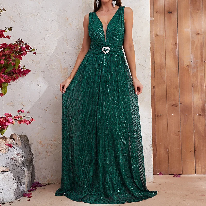 NiDELL New Cross-Border Dress Sequined Sleeveless V-neck Prom Party Dress Fishtail Dress Floor-Length Dress-Mgt574