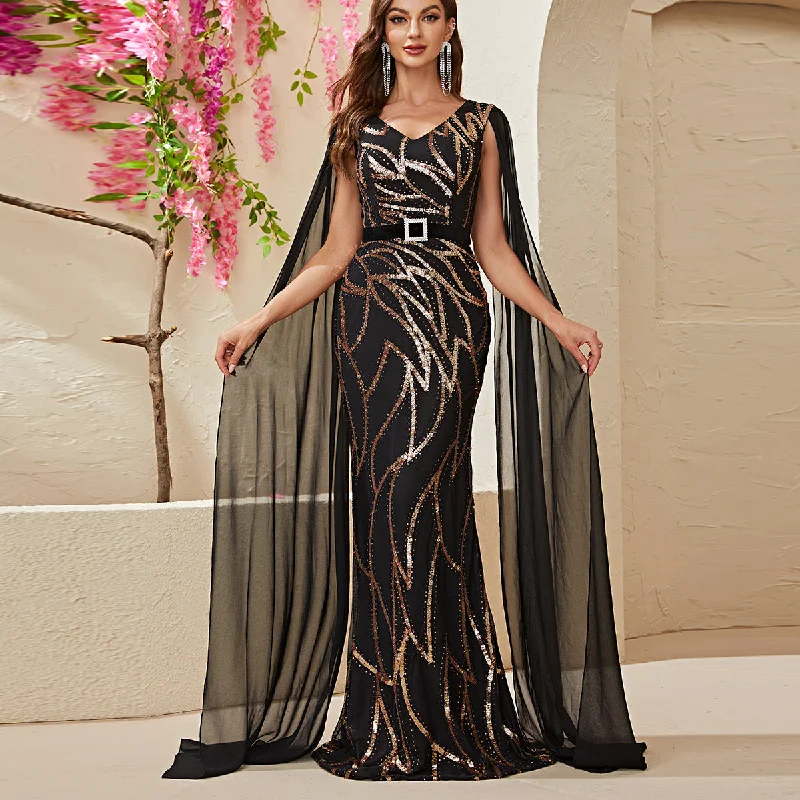 NiDELL New Cross-Border Heavy Industry Evening Dress Sequined V-neck Elegant Evening Dress Fishtail Dress Send Belt-Mgn646