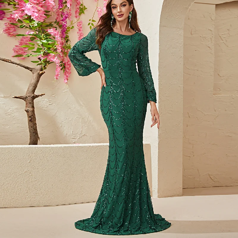 NiDELL . New Dress Dress Dance Dress European and American Sequined Long Sleeve round Neck Evening Dress Fishtail Dress-Mg215