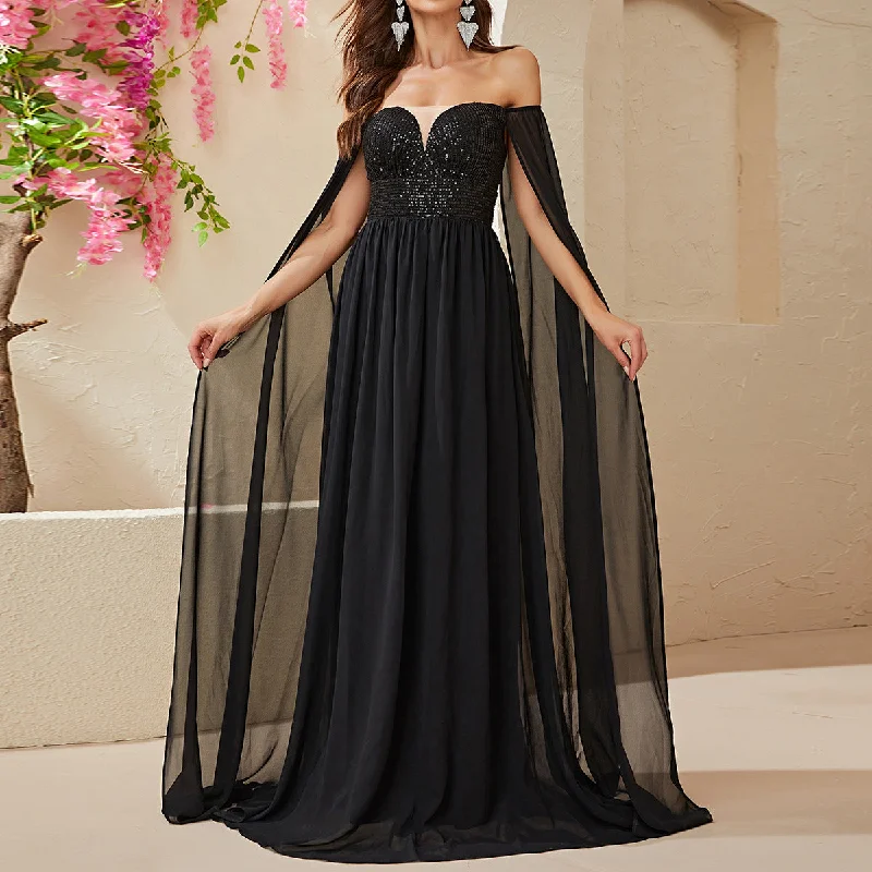 NiDELL New Elegant Dress Chiffon Sequined off-Shoulder Long Dress Senior Evening Dress for Women-Ssn061