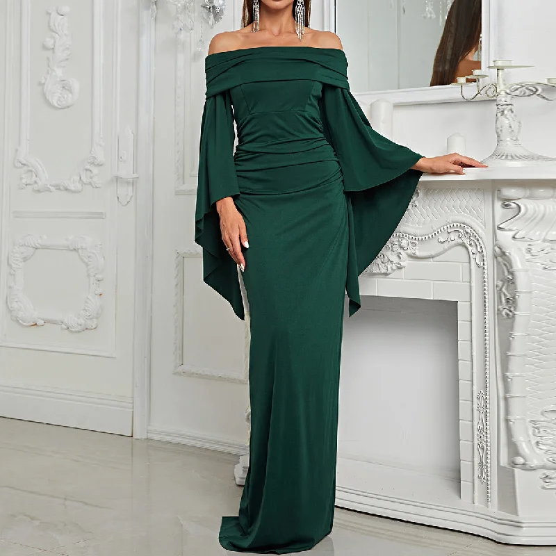 NiDELL New Evening Dress Foreign Trade off-Shoulder Long Sleeve Slim Fit Slit Dress Banquet Dress-Mgx572