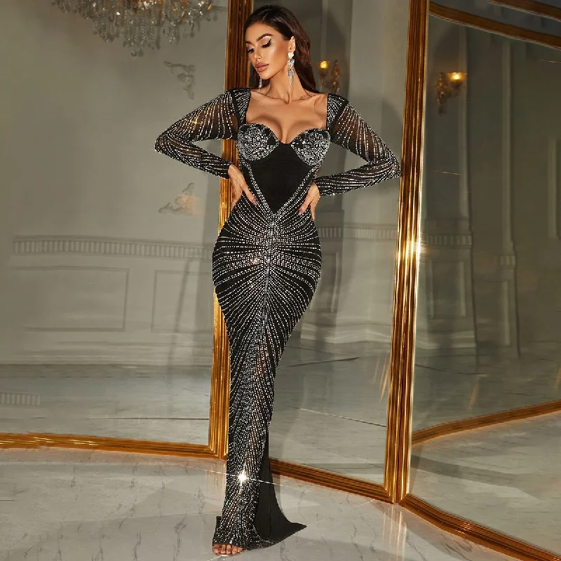 NiDELL New Hot Rhinestone Long Sleeve Square-Neck Slim Fit Backless Prom Evening Dress Split Rhinestone Fishtail Dress-Ssb277