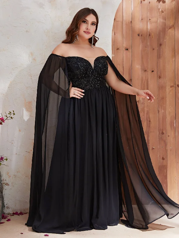 NiDELL New Mid-Dongfeng plus Size Evening Dress Chiffon off-Shoulder Sequin Prom Evening Dress-Fssn061