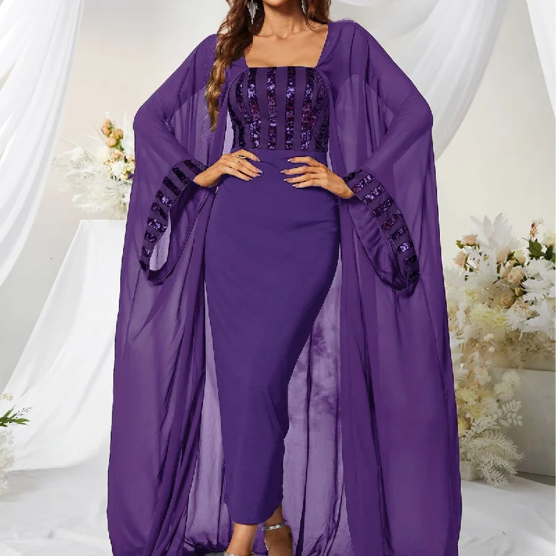 NiDELL New Mid-East Wind Evening Dress Elegant Chiffon Patchwork Sequin Cloak Prom Evening Long Dress-SSW3044-3