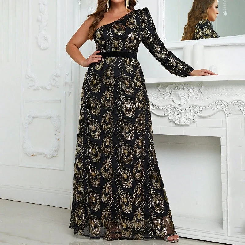 NiDELL New plus Size Evening Dress Sequined One-Shoulder Sleeve Party Dress Advanced Light Luxury Dress-Fmgn772