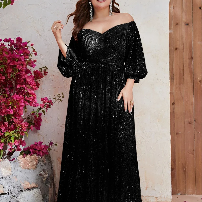 NiDELL New plus Size Party Evening Dress Sequined off-Shoulder Mid-Sleeve Long Evening Dress-FMGT633-2