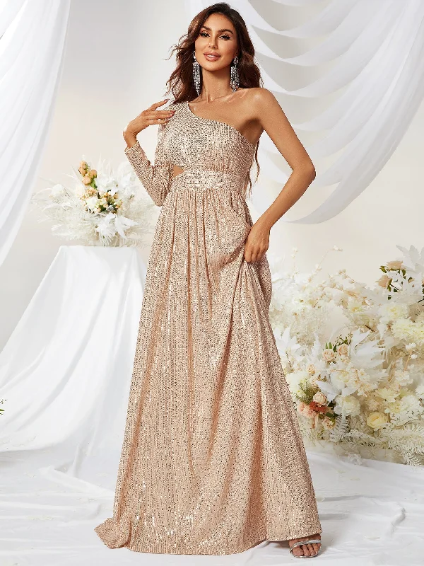 NiDELL New Sequined One-Sleeve Side Waist Hollow out Prom Evening Dress Fishtail Elegant Dress-Mgw278