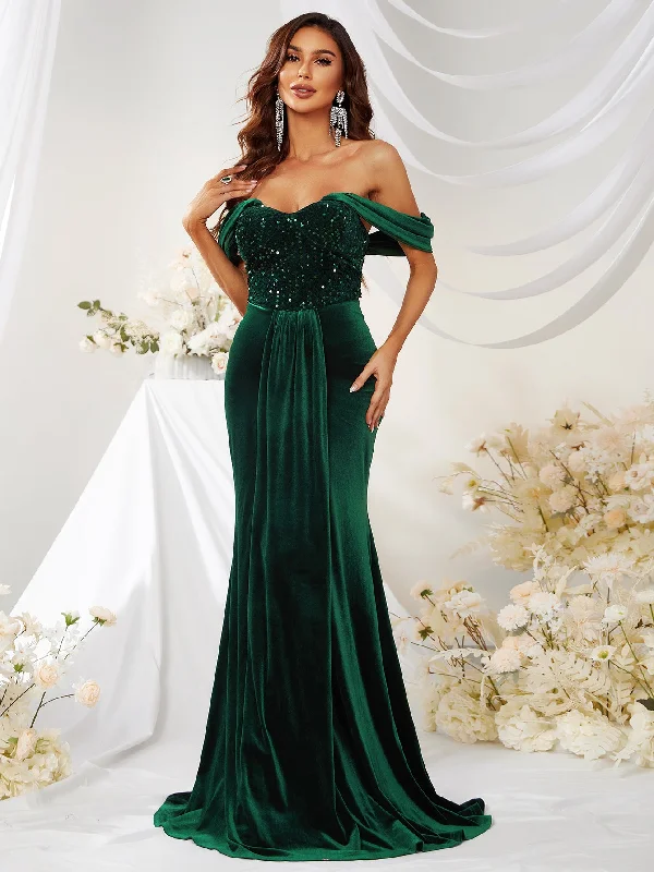 NiDELL New Velvet Stitching Sequin off-the-Shoulder Ball Evening Dress Fishtail Drop Dress-Mgw359