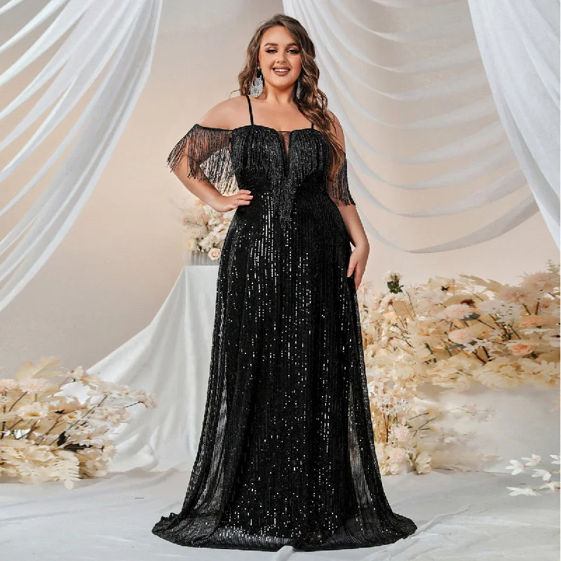 NiDELL Plus Size Sequin Formal Dress off-Shoulder Spaghetti Straps Tassel Prom Party Dress Fishtail Dress-Fssw3060