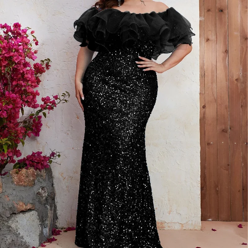 NiDELL Plus Size Sequin Formal Dress Sequin Ruffled One-Neck Prom Evening Dress Fishtail Dress-FPD017-5