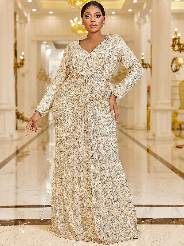 NiDELL Plus Size Sequined Formal Dress Simple Sequin V-neck Long Sleeve Prom Party Dress Fishtail Dress-Fmgw078