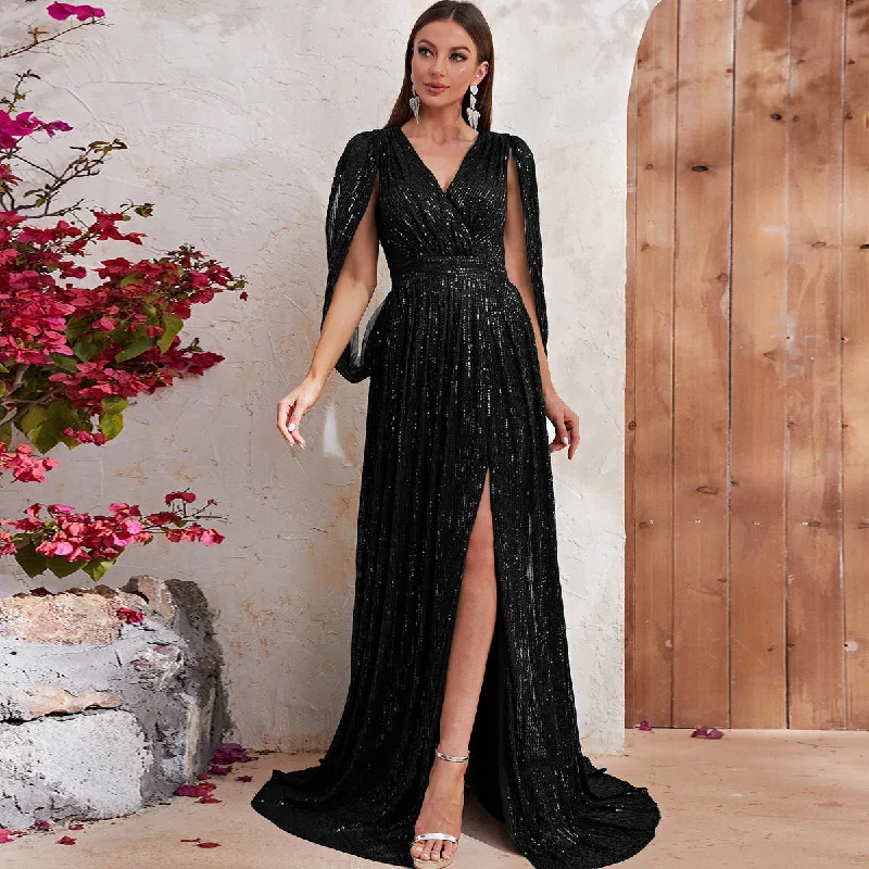 NiDELL Popular Cross-Border Dress Sequined V-neck Prom Evening Dress Split Long Dress High-End Banquet Skirt-MGJ436-2